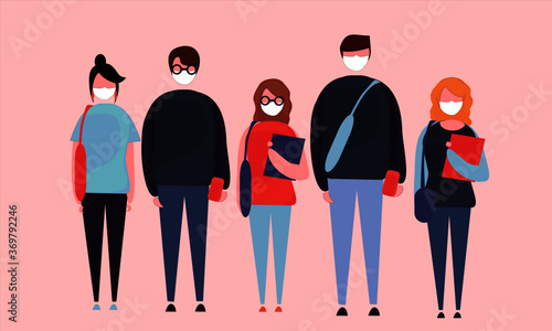 set of illustrations of college students with mask, college student with a white mask, carry books,bags, go to campus
