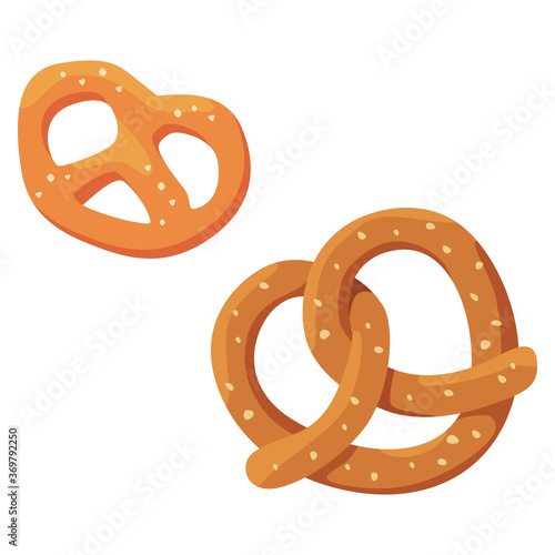 Bavarian salted pretzel on white isolated backdrop. Sweet bakery snack for invitation or gift card, notebook, Beer pub logo, scrapbook. Phone case or cloth print. Flat style stock vector illustration