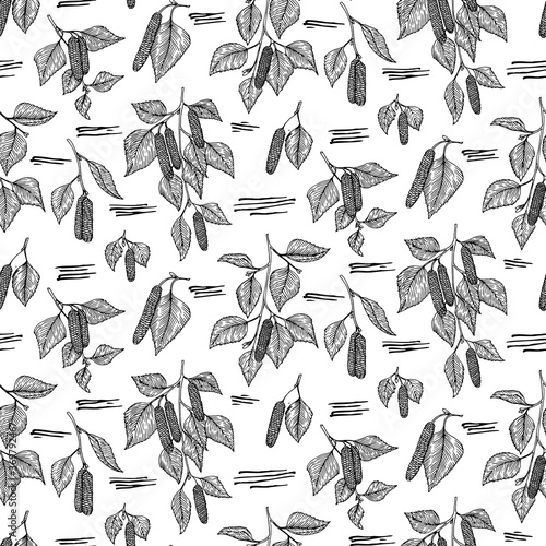Seamless pattern with birch gingerbread and leaves on a white background. Sketch Hand drawn style black birch tree branches, birch leaves. 
