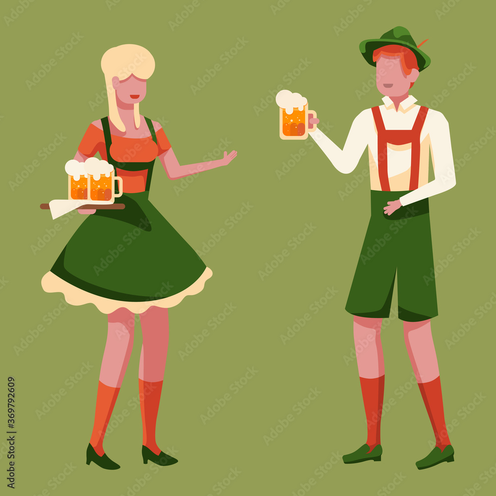 Dutch girl gives a man mug of beer on green backdrop. Octoberfest party for invitation or gift card, notebook, beer pub logo, scrapbook. Phone case or cloth print. Flat style stock vector illustration