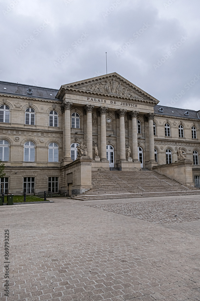 AMIENS, FRANCE - MAY 26, 2019: View of Palace of Justice of Amiens. Palace of Justice (Palais de Justice, 1868 - 1880) in city center of Amiens. Somme department, Picardie, France. 
