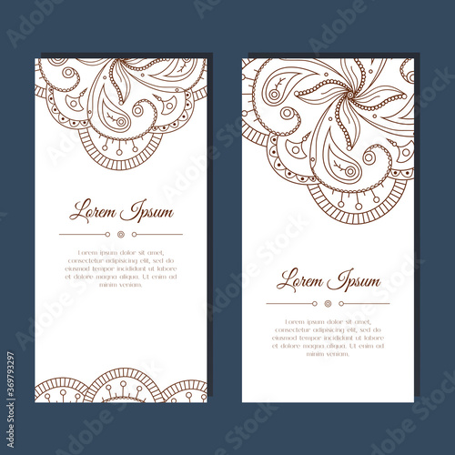 Cute greeting card with floral mehndi ornament. Abstract ornate background. Good for card, wedding invitation, party, celebration, flyer, banner. Indian, east ornament. Vector illustration