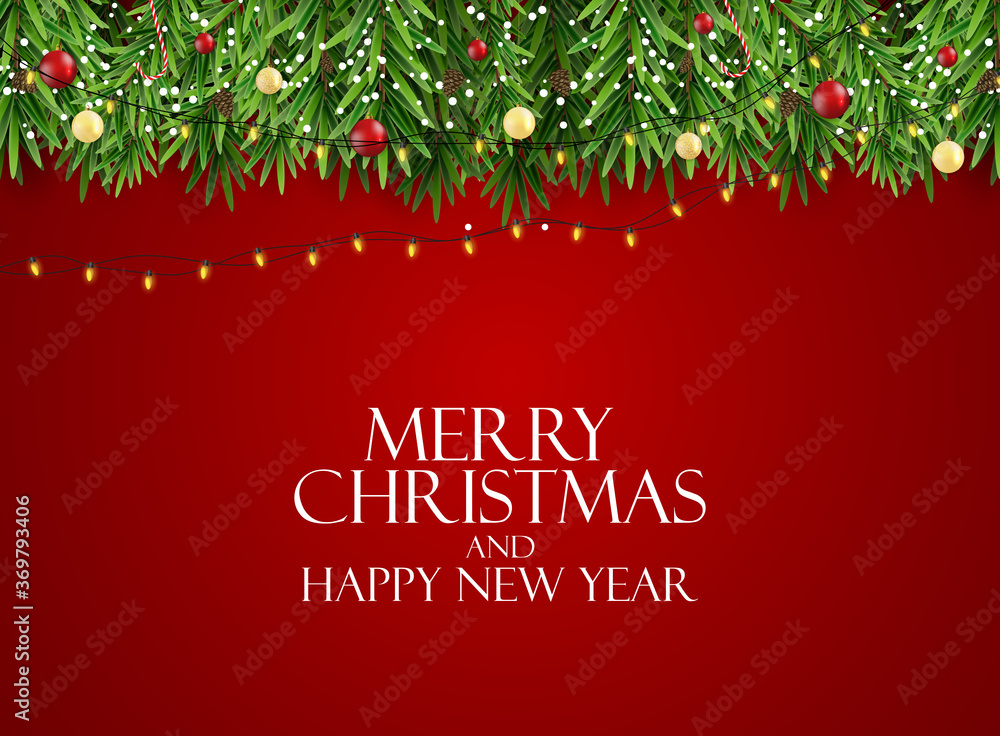 Holiday New Year and Merry Christmas Background with realistic Christmas tree. Vector Illustration