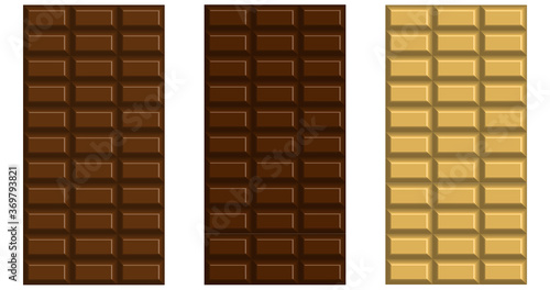 Rectangular tiles of milk, black and white chocolate. Vector graphic/