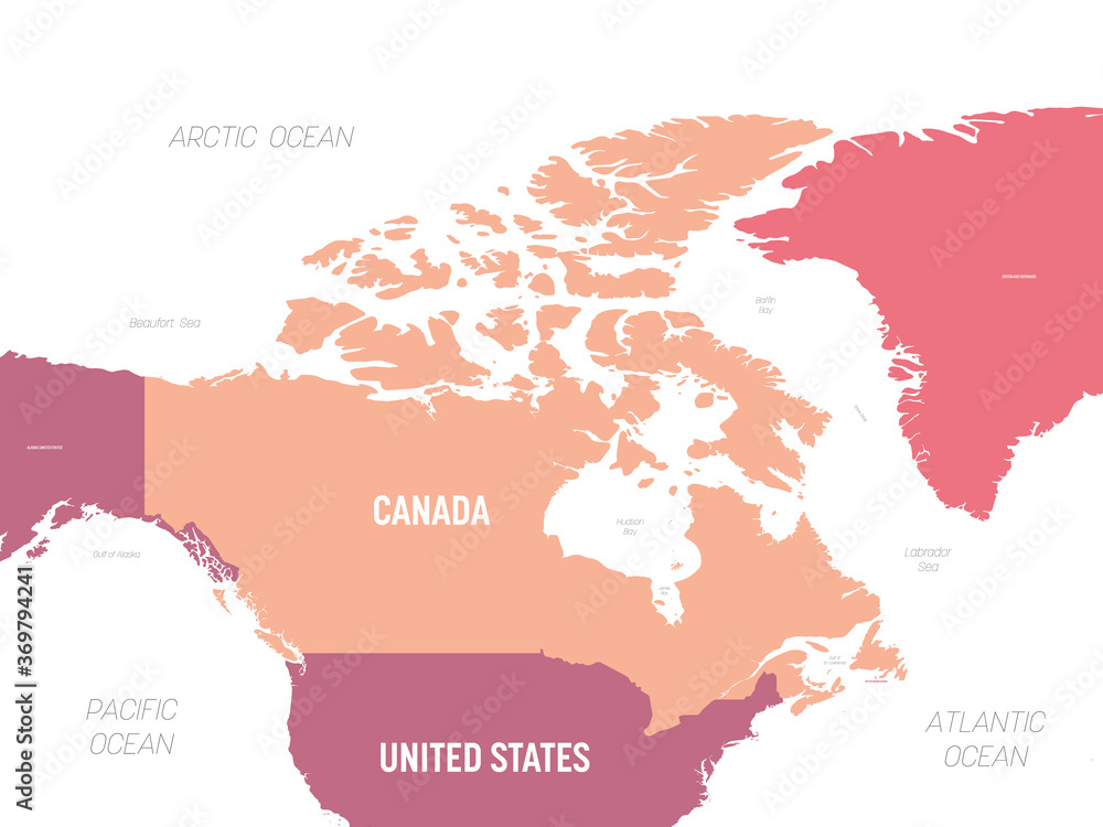 Canada map. High detailed political map Canada and neighboring countries with country, ocean and sea names labeling