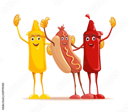 Cartoon hotdog, mustard and tomato ketchup cuddling. Funny fast food. Cute characters mustard, ketchup and hotdog. Vector illustration