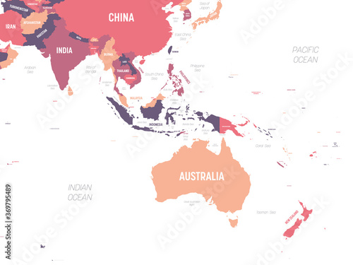 Australia and Southeast Asia map. High detailed political map of australian and southeastern Asia region with country, ocean and sea names labeling