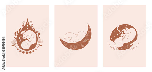 Motherhood, maternity, babies and pregnant women logos, collection of fine, hand drawn style vector illustrations and icons 
