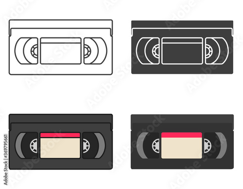 Collection of old videotapes. Icon set in different styles.