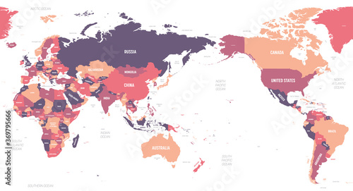 World map - Asia  Australia and Pacific Ocean centered. High detailed political map of World with country  ocean and sea names labeling