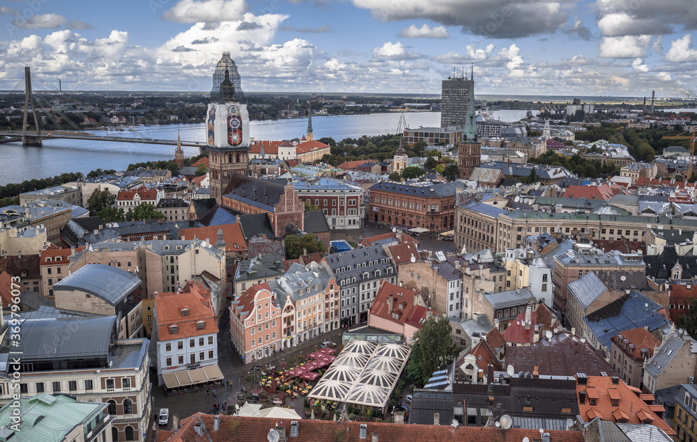 Bird's eye view of the city from St. Peter's church lookout at 72 meters above ground, Riga, Latvia.