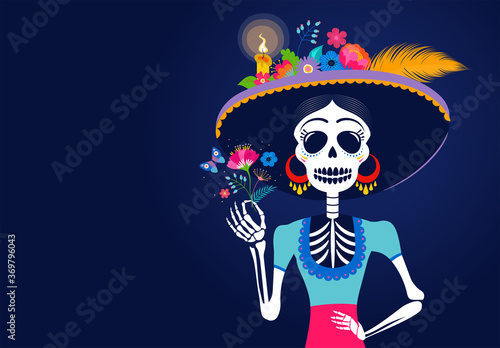 Dia de los muertos, Day of the dead, Mexican holiday, festival. Woman skull with make up of Catarina with flowers crown. Poster, banner and card with sugar skull