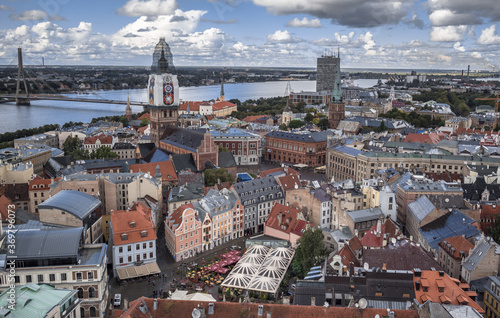 Bird's eye view of the city from St. Peter's church lookout at 72 meters above ground, Riga, Latvia.