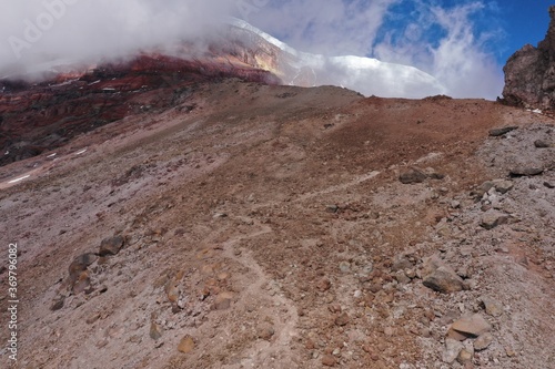 Aerial view of the whymper needle track of the Chimborazo, a small track along many loose rocks