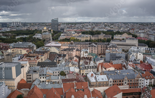 Bird's eye view of the city from St. Peter's church lookout at 72 meters above ground, Riga, Latvia. photo