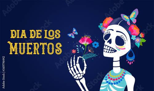 Dia de los muertos, Day of the dead, Mexican holiday, festival. Woman skull with make up of Catarina with flowers crown. Poster, banner and card with sugar skull