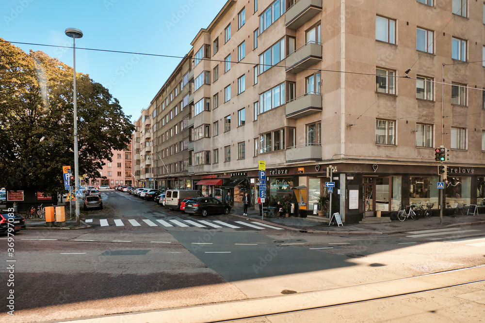 Finland. Helsinki. Houses and streets of Helsinki. Urban autumn landscape. September 16, 2018