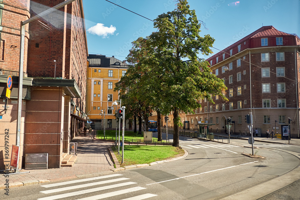 Finland. Helsinki. Houses and streets of Helsinki. Urban autumn landscape. September 16, 2018