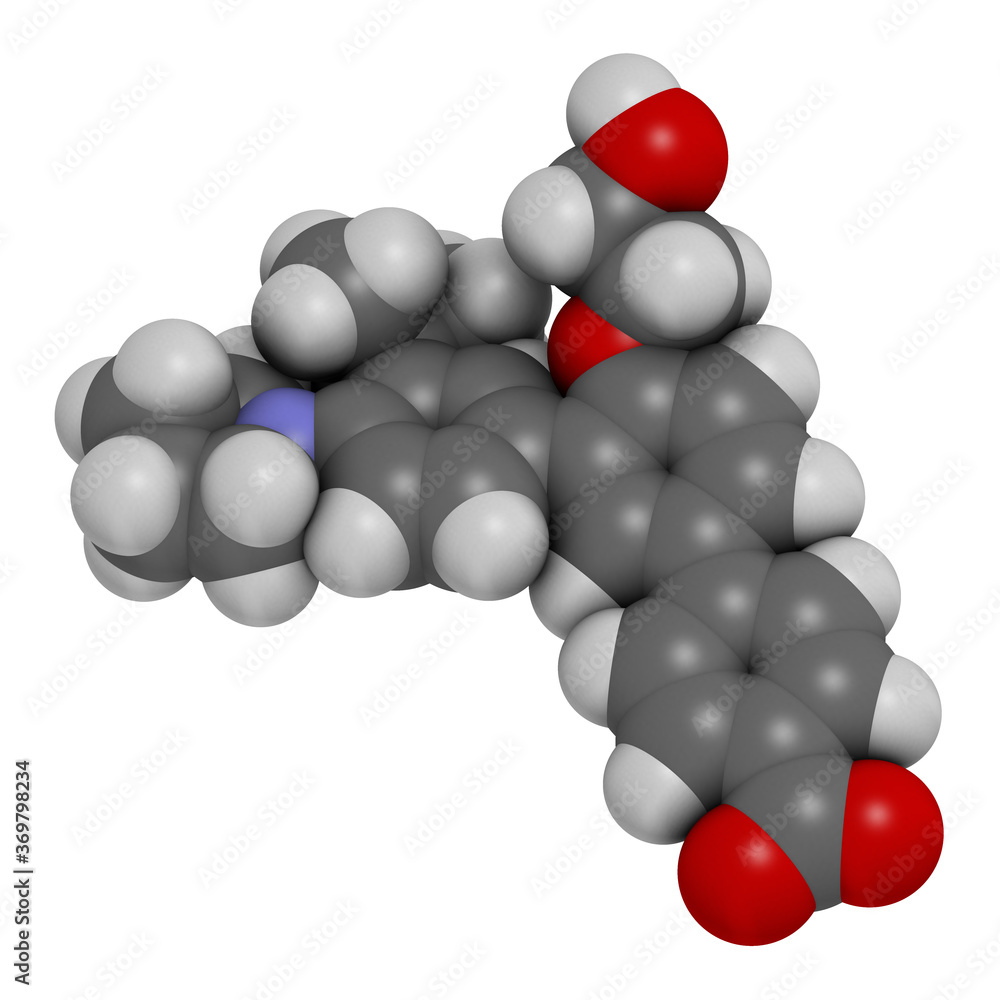 Trifarotene acne drug molecule. 3D rendering. Atoms are represented as spheres with conventional color coding: hydrogen (white), carbon (grey), nitrogen (blue), oxygen (red). Trifarotene acne drug molecule. 3D rendering. Atoms are represented as spheres with conventional color coding: hydrogen (white), carbon (grey), nitrogen (blue), oxygen (red).