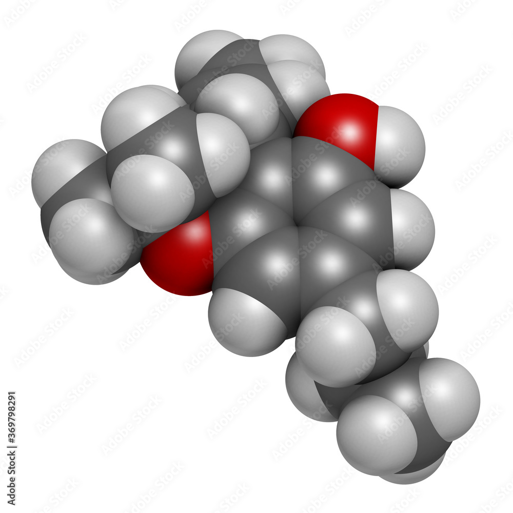 Tetrahydrocannabivarin or THCV cannabinoid molecule. 3D rendering. Atoms are represented as spheres with conventional color coding: hydrogen (white), carbon (grey), oxygen (red). Tetrahydrocannabivarin or THCV cannabinoid molecule. 3D rendering. Atoms are represented as spheres with conventional color coding: hydrogen (white), carbon (grey), oxygen (red).