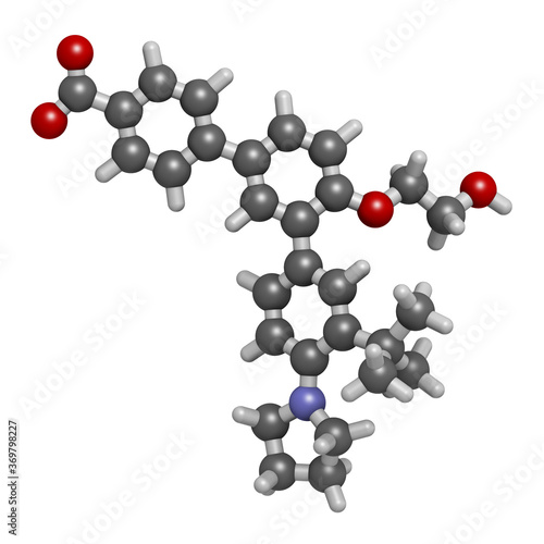 Trifarotene acne drug molecule. 3D rendering. Atoms are represented as spheres with conventional color coding: hydrogen (white), carbon (grey), nitrogen (blue), oxygen (red).