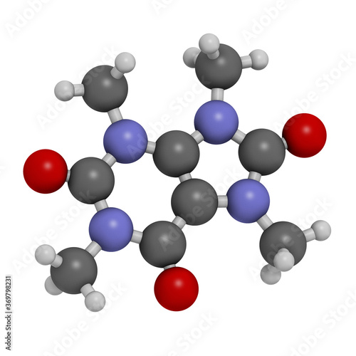 Theacrine molecule. Caffeine analog present in kucha tea. 3D rendering. Atoms are represented as spheres with conventional color coding  hydrogen  white   carbon  grey   oxygen  red   nitrogen  blue .