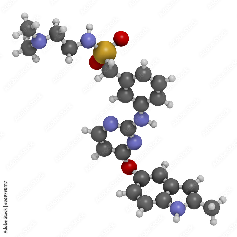 Surufatinib cancer drug molecule. 3D rendering. Atoms are represented as spheres with conventional color coding: hydrogen (white), carbon (grey), nitrogen (blue), oxygen (red), sulfur (yellow). Surufatinib cancer drug molecule. 3D rendering. Atoms are represented as spheres with conventional color coding: hydrogen (white), carbon (grey), nitrogen (blue), oxygen (red), sulfur (yellow).