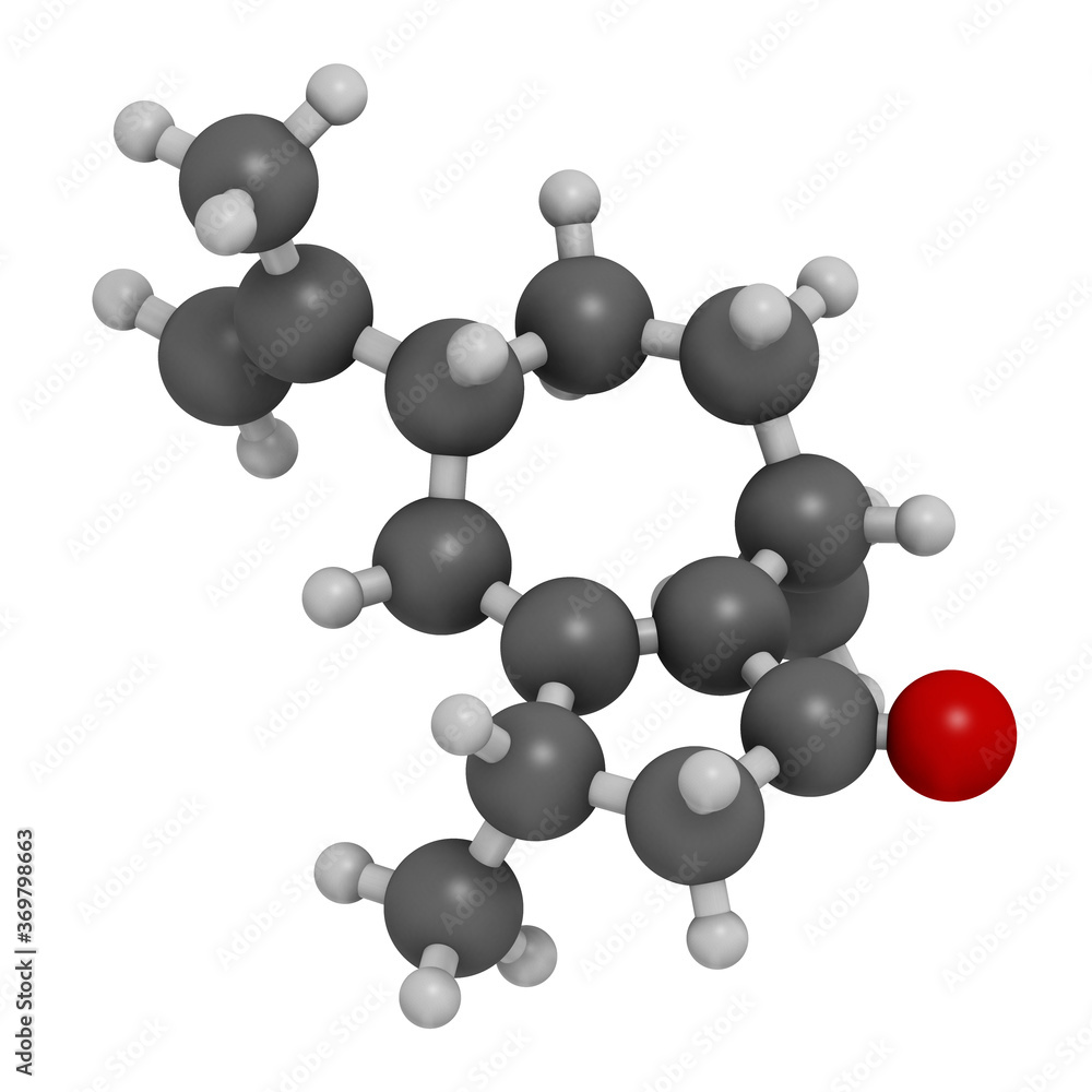 Rotundone peppery taste molecule. 3D rendering. Atoms are represented as spheres with conventional color coding: hydrogen (white), carbon (grey), oxygen (red). Rotundone peppery taste molecule. 3D rendering. Atoms are represented as spheres with conventional color coding: hydrogen (white), carbon (grey), oxygen (red).