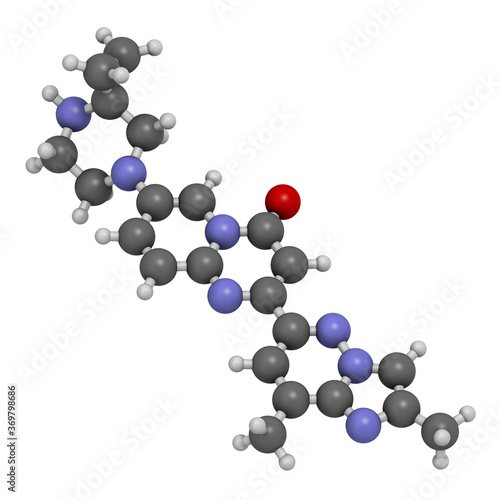 Risdiplam Spinal muscular Atrophy drug molecule. 3D rendering. Atoms are represented as spheres with conventional color coding: hydrogen (white), carbon (grey), nitrogen (blue), oxygen (red).