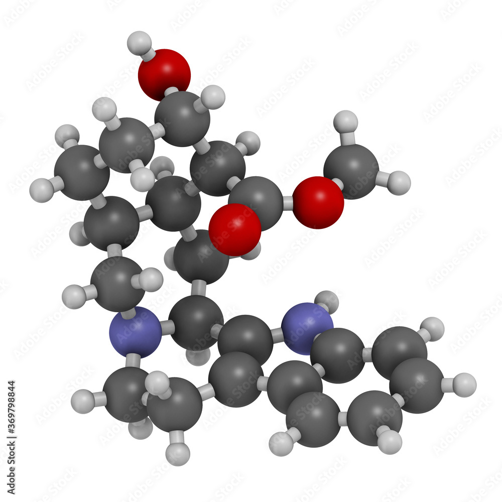 Rauwolscine alkaloid molecule. 3D rendering. Atoms are represented as spheres with conventional color coding: hydrogen (white), carbon (grey), oxygen (red), nitrogen (blue). Rauwolscine alkaloid molecule. 3D rendering. Atoms are represented as spheres with conventional color coding: hydrogen (white), carbon (grey), oxygen (red), nitrogen (blue).