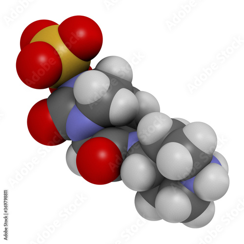 Relebactam drug molecule. Beta-lactamase inhibitor that is adminstered with beta-lactam antibiotics. 3D rendering. Atoms are represented as spheres with conventional color coding photo