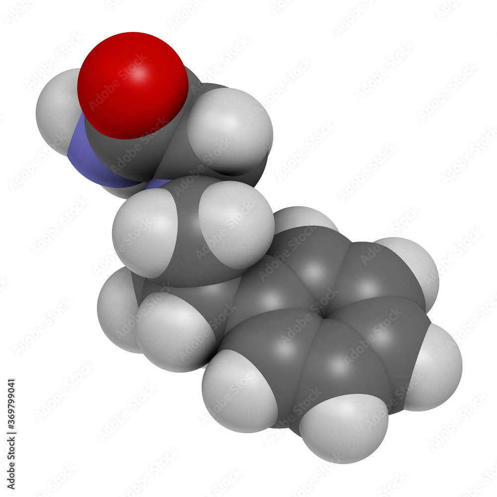Phenylpiracetam drug molecule. 3D rendering. Atoms are represented as spheres with conventional color coding: hydrogen (white), carbon (grey), oxygen (red), nitrogen (blue). Phenylpiracetam drug molecule. 3D rendering. Atoms are represented as spheres with conventional color coding: hydrogen (white), carbon (grey), oxygen (red), nitrogen (blue).