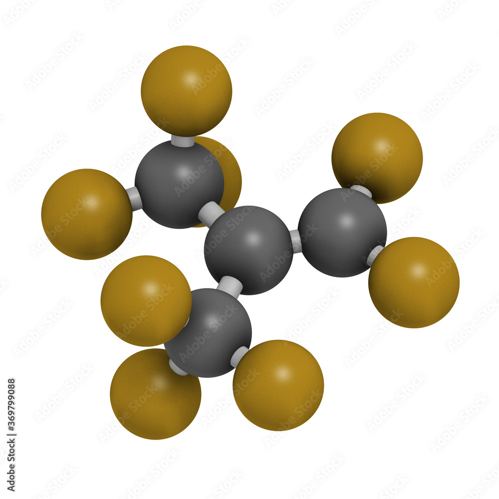 Perfluoroisobutene fluorocarbon molecule. 3D rendering. Atoms are represented as spheres with conventional color coding: carbon (grey), fluorine (gold). Perfluoroisobutene fluorocarbon molecule. 3D rendering. Atoms are represented as spheres with conventional color coding: carbon (grey), fluorine (gold).
