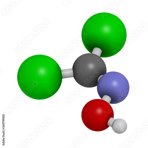 Phosgene oxime chemical weapon molecule. 3D rendering. Atoms are represented as spheres with conventional color coding: hydrogen (white), oxygen (red), nitrogen (blue), chlorine (green). photo