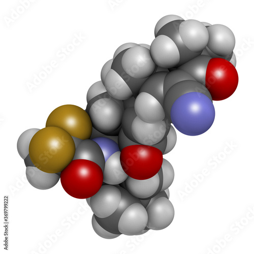 Omaveloxolone drug molecule. 3D rendering. Atoms are represented as spheres with conventional color coding  hydrogen  white   carbon  grey   nitrogen  blue   oxygen  red   fluorine  gold .