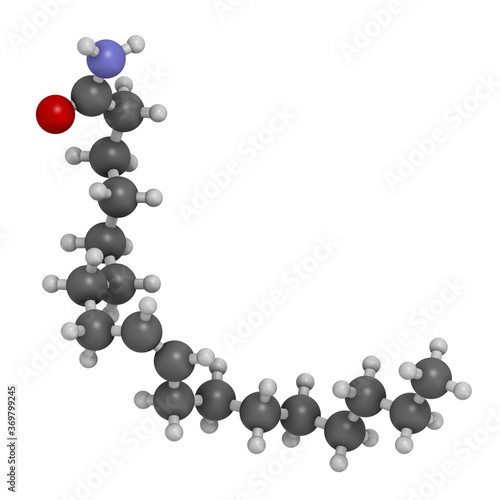 Oleamide molecule. 3D rendering. Atoms are represented as spheres with conventional color coding: hydrogen (white), carbon (grey), oxygen (red), nitrogen (blue). photo