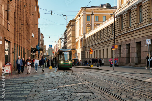 Finland. Helsinki. Green tram on the street in Helsinki. September 16, 2018
