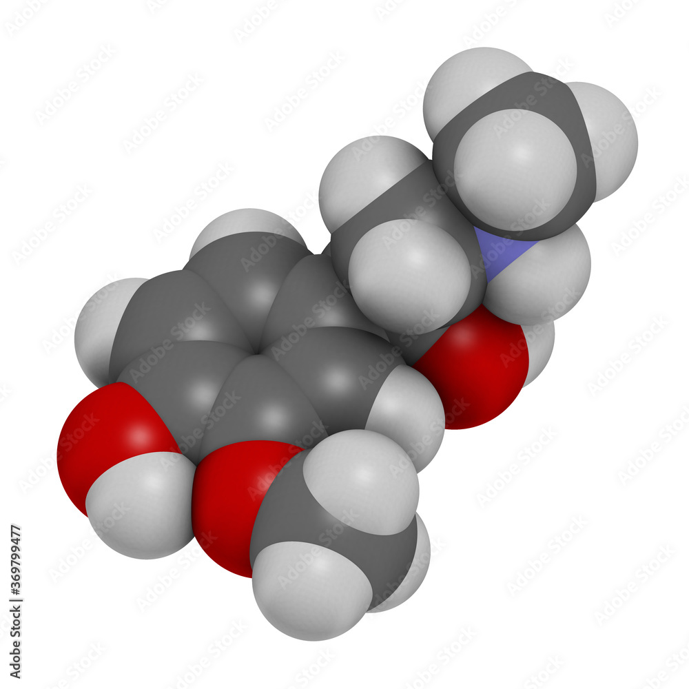 Metanephrine (metadrenaline) molecule. Metabolite of epinephrine that is biomarker for pheochromocytoma. 3D rendering. Metanephrine (metadrenaline) molecule. Metabolite of epinephrine that is biomarker for pheochromocytoma. 3D rendering.