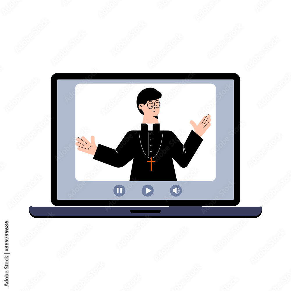 Pastor gives a lecture or sermon online on laptop isolated on white background. Church online service concept flat design cartoon style vector illustration. Pray streams the audience by computer. Pastor gives a lecture or sermon online on laptop isolated on white background. Church online service concept flat design cartoon style vector illustration. Pray streams the audience by computer.