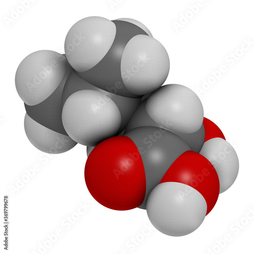 Leucic acid or HICA molecule. 3D rendering. Atoms are represented as spheres with conventional color coding: hydrogen (white), carbon (grey), oxygen (red).