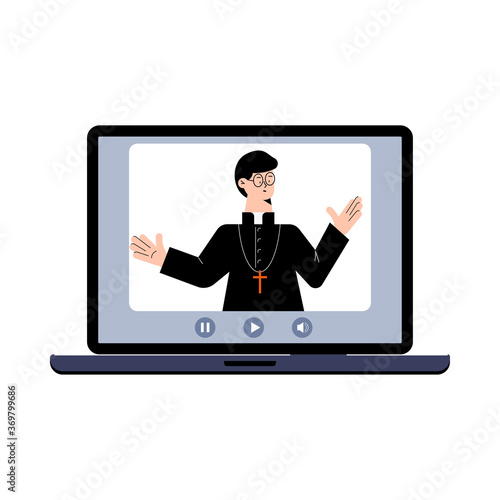 Pastor gives a lecture or sermon online on laptop isolated on white background.  Church online service concept flat design cartoon style vector illustration. Pray streams the audience by computer.