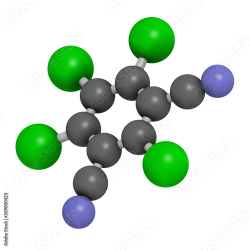 Chlorothalonil pesticide molecule. 3D rendering. Atoms are represented as spheres with conventional color coding: carbon (grey), nitrogen (blue), chlorine (green). photo