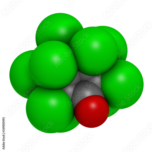 Chlordecone or kepone pesticide molecule. 3D rendering. Atoms are represented as spheres with conventional color coding: carbon (grey), oxygen (red), chlorine (green). photo