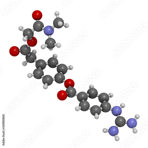 Camostat drug molecule. Serine protease inhibitor, investigated for treatment of Covid-19. 3D rendering. 