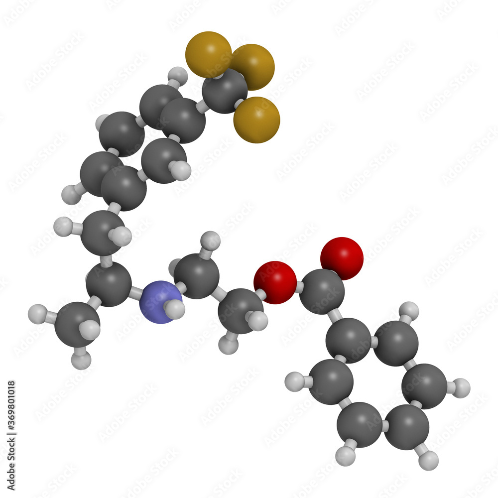 Benfluorex drug molecule (withdrawn). 3D rendering. Atoms are represented as spheres with conventional color coding: hydrogen (white), carbon (grey), oxygen (red), nitrogen (blue), fluorine (gold). Benfluorex drug molecule (withdrawn). 3D rendering. Atoms are represented as spheres with conventional color coding: hydrogen (white), carbon (grey), oxygen (red), nitrogen (blue), fluorine (gold).