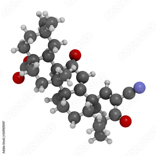 Bardoxolone drug molecule. 3D rendering. Atoms are represented as spheres with conventional color coding  hydrogen  white   carbon  grey   nitrogen  blue   oxygen  red .