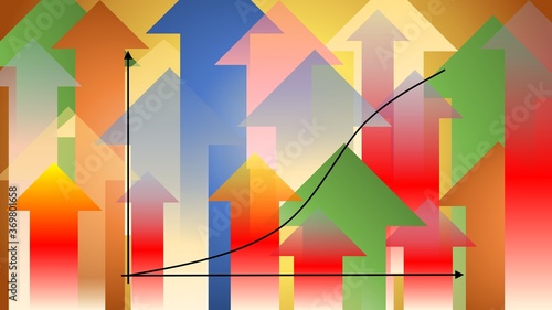 Images of progress graph and many arrows are pointing up as background. Colourful and with gradient colour. Indicates an increase in progress or financial potential.