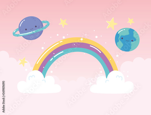 rainbow earth saturn planets stars with clouds cartoon