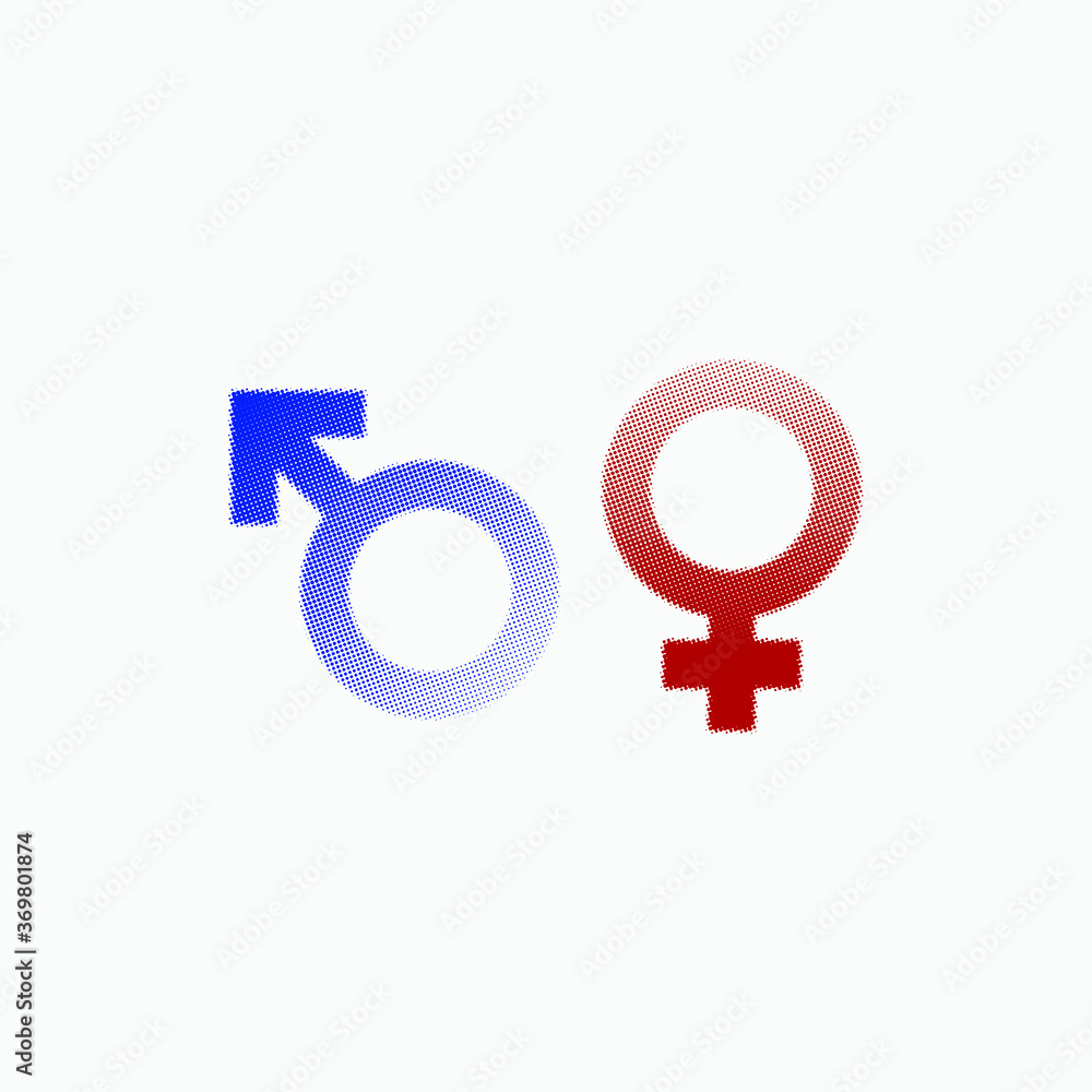 Halftone gender with fading gradient. Half-tone gender shapes male and female . Red , blue colored symbols on white background Halftone gender with fading gradient. Half-tone gender shapes male and female . Red , blue colored symbols on white background