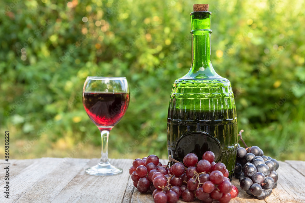 A bottle and a glass of red wine and bunches of grapes. In nature.